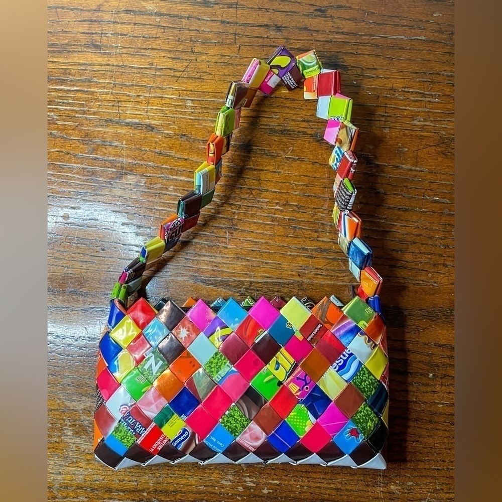 Colorful Candy Wrapper Woven Purse | Eco-Friendly Handmade Shoulder Bag - Picture 7 of 13